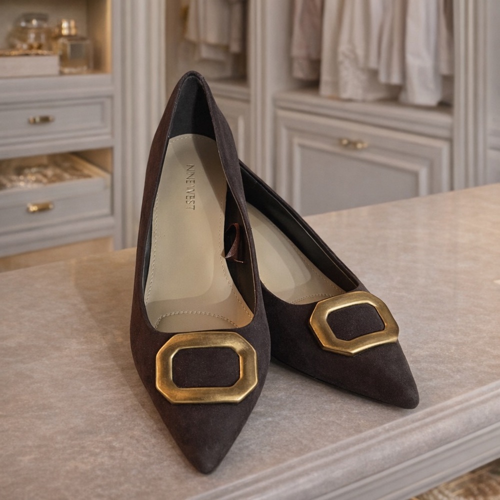 Nine West Dark Brown Heels with Gold Accent